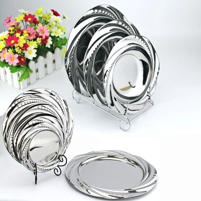 

Lace Mirror Dish Stainless Steel Dinnerware Dinner Plate Vegetables Fruit Dish Jade leaf Plate Tableware Soup Plate For Eating