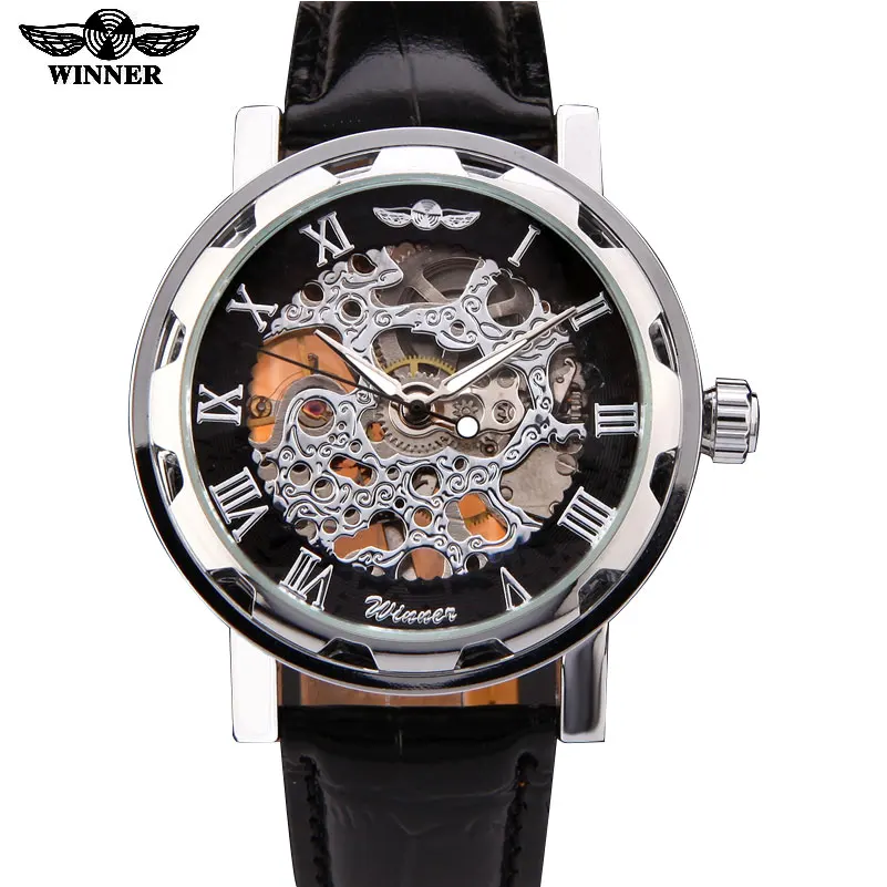 

New Winner Hot mechanical Brand men hand wind Skeleton watches male Dress fashion clock style black gold blue color leather band