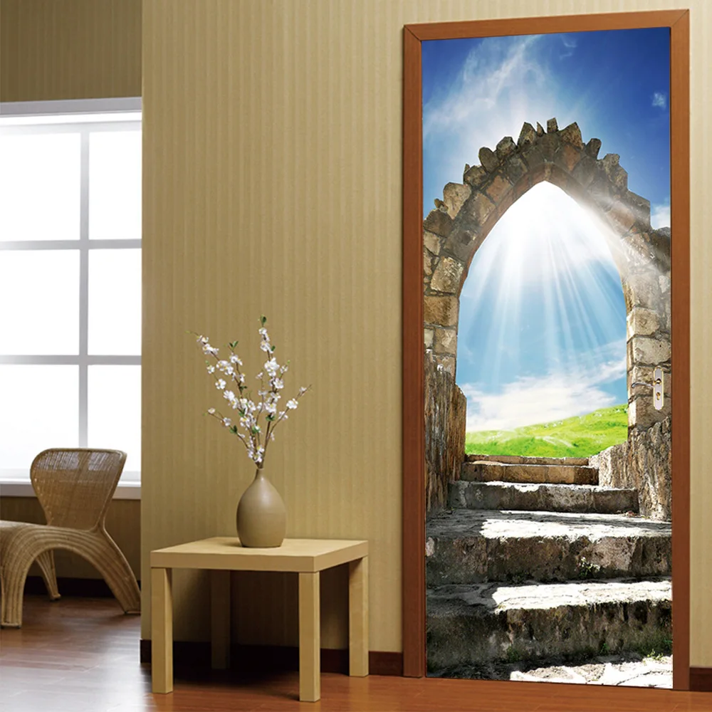 Sunshine Blue Sky Door Stickers Vinyl 3D Stone Stairs Landscape Art Home Decor Mural Self Adhesive Door DIY Decoration Decal New