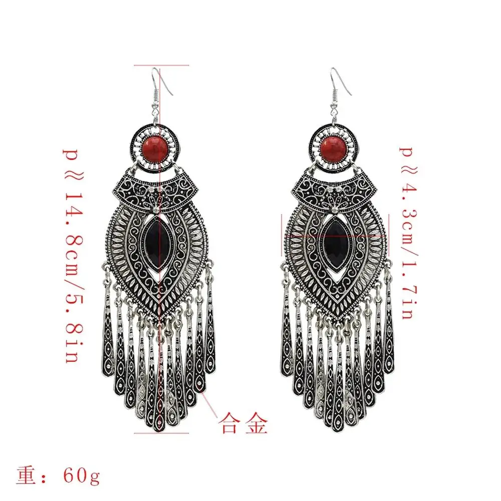 Thailand Silver Color Vintage Indian Big Long Tassel Statement Earrings for Women Jhumka Gypsy EgyptianTurkish Tribal Jewelry