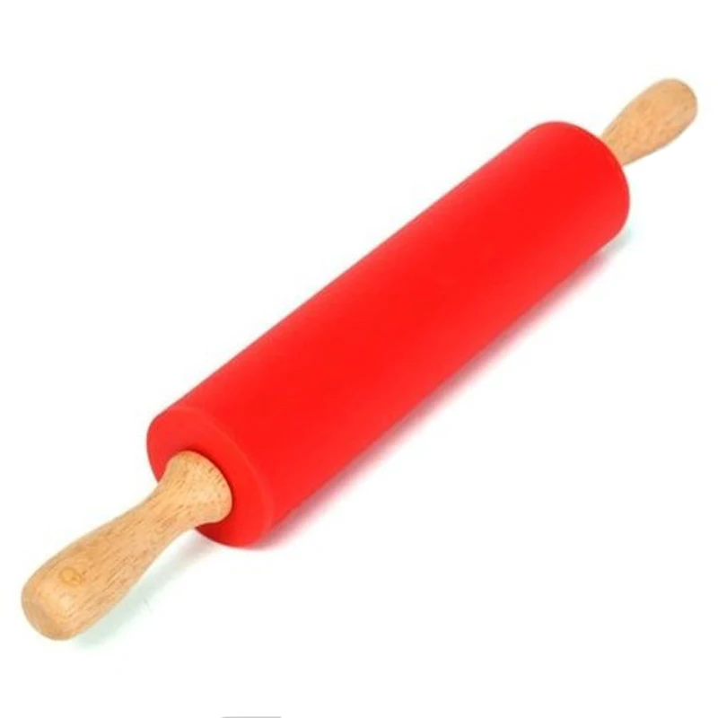 

Red 12" Kitchen Wooden Flour Pastry Dough Handle Roller Silicone Rolling Pin Stick