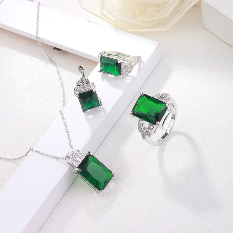 CC Jewelry Fashion Jewelry Set For Women Sterling Jewelry Green Stone CZ Wedding Sets Earring Necklace Ring CCAS119