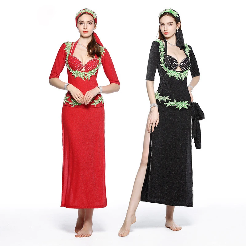 Vestido Baladi de danza del vientre para mujer, traje de danza folclórica, conjunto de disfraz Saidi de rendimiento, 5 uds., vestido, sujetador, cinturón, disfraces, bata larga bordada