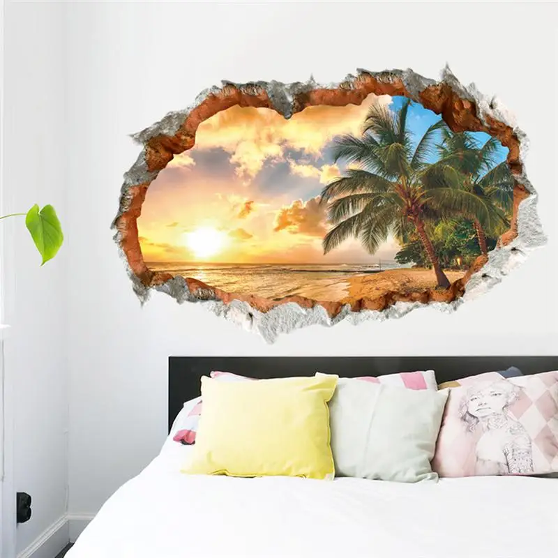 Seabeach Sunset Coconut Tree Wall Stickers For Office Shop Home Art Pvc Wall Decals Decoration Diy 3d Broken Hole Scenery Mural