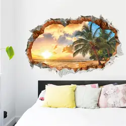 Seabeach Sunset Coconut Tree Wall Stickers For Office Shop Home Art Pvc Wall Decals Decoration Diy 3d Broken Hole Scenery Mural