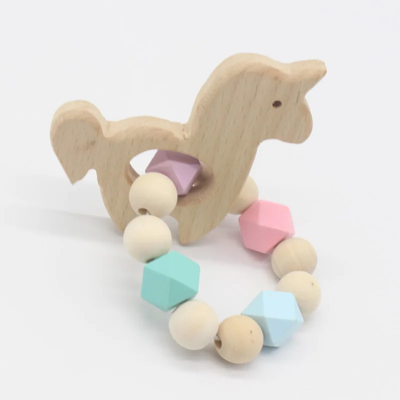 

Lovely Cartoon Wooden Teether Chewable Safe Natural Baby infants beech Beads Teether Animal Shaped Bracelet Teething Nursing