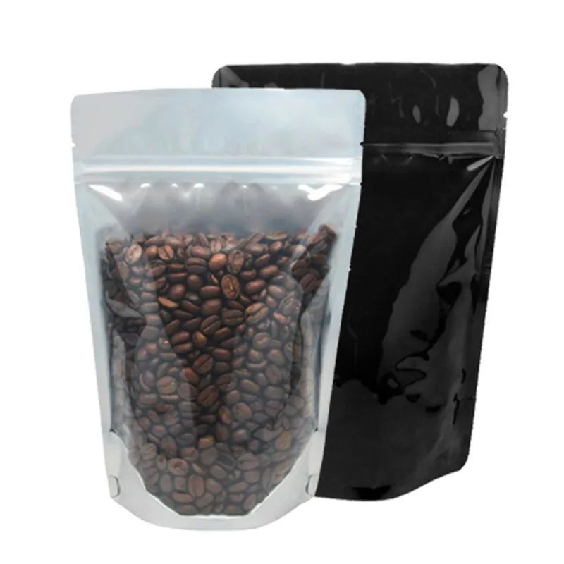 Wholesale 50pcs/lot One Side Clear Stand up Aluminum Foil Ziplock Bag Glossy Black/Gold/Silver Coffee Storage Packaging Bags