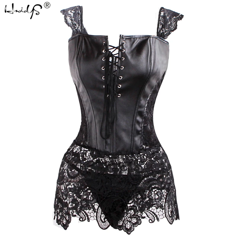 Sexy Lingerie with G-string Sets Women Faux Leather&Lace Burlesque Steampunk Corset Set Waist Gothic Bustier Corpet Plus Size