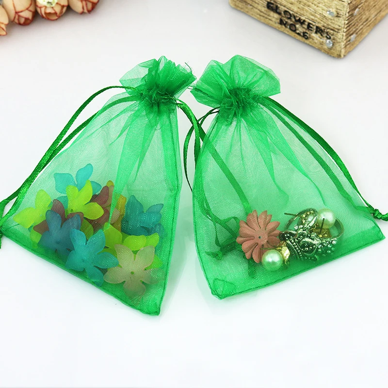 100pcs 9*12cm Grass Green Organza Gift Bag Jewelry Packaging Display Bags Drawstring Pouch For Bracelet/necklace Mini Yarn Bag