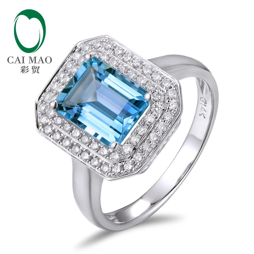 Caimao Jewelry 1.82ct Natural Aquamarine & 0.36ct Natural Pave Diamond Real 14k White Gold Engagement Ring