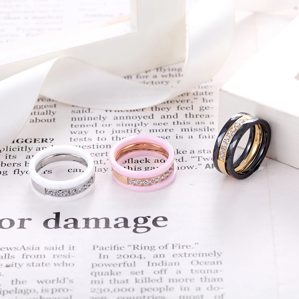 3pcs/Set New Hot Black Pink White Ceramic Rings Stainless Steel Ceramic Three Lines Wedding Ring With Crystal Jewelry For Women