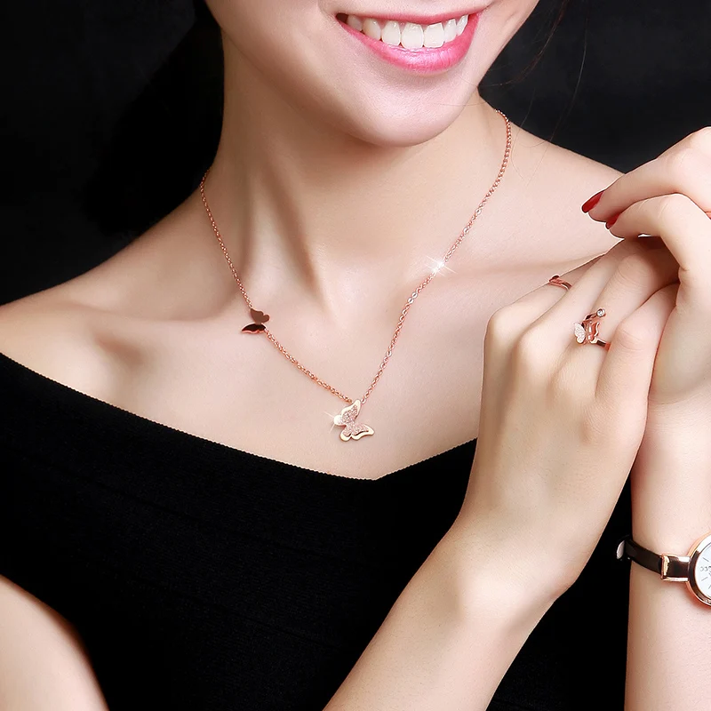 YUN RUO Fashion Brand Woman Jewelry Yellow Rose Gold Silver Color Butterfly Pendant Necklace 316 L Stainless Steel Never Fade