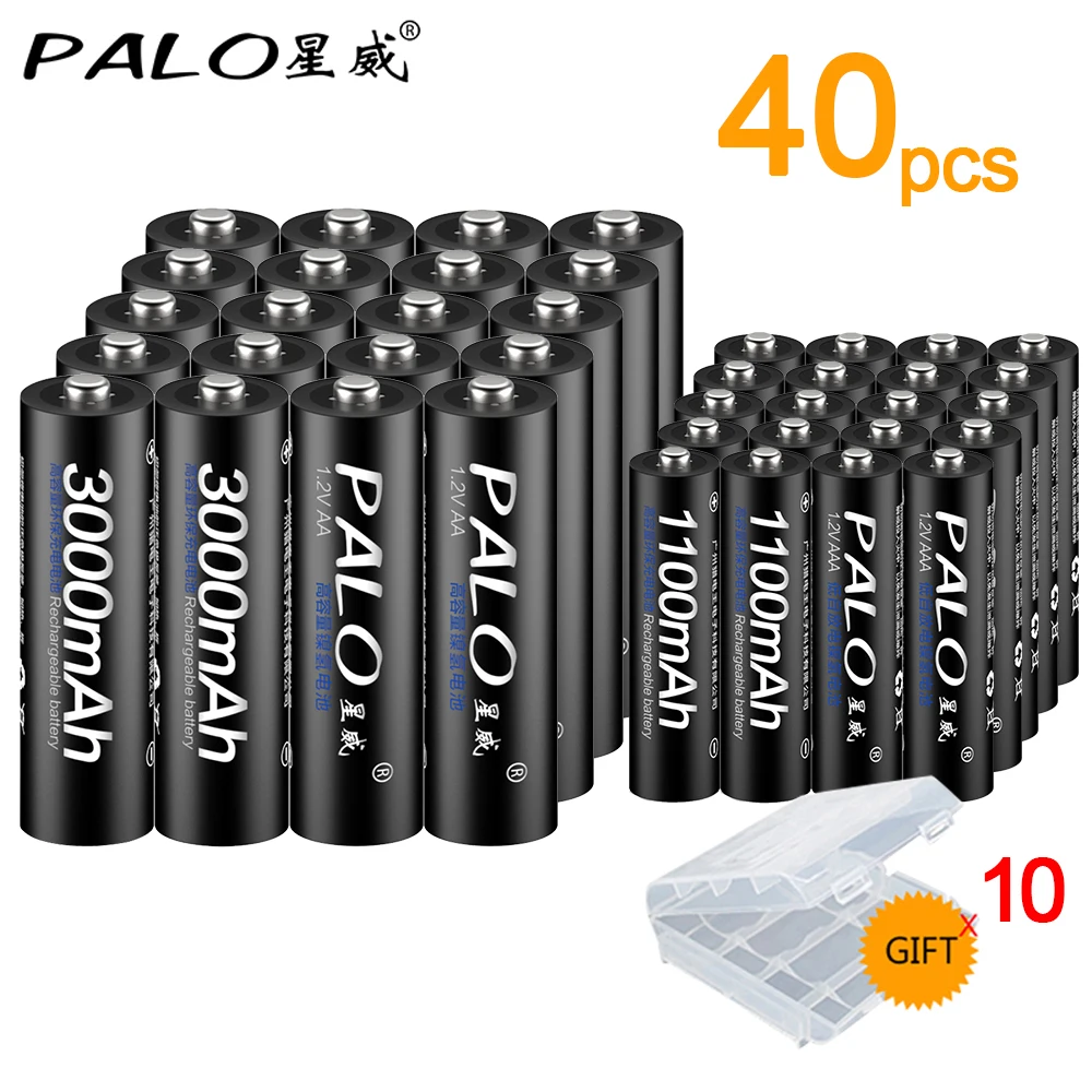 

PALO 100% Original 20pcs AA Rechargeable Battery 1.2V Ni-MH+20pcs AAA Battery 1100mAh Rechargeable Batteries for Toys Power