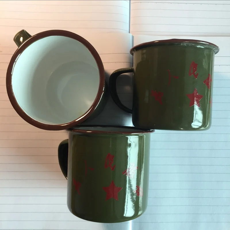 serve the people travel mugs drinkware handgrip metal enamel made traditional old item from China Chinese classic army green mug