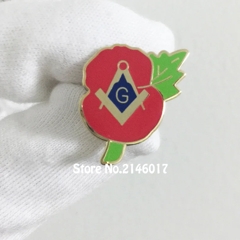 50pcs Custom Pins Badge Masonic Red Crested Flower Enamel Flower Brooches Square and Compass With G Freemason Masonry Lapel Pin