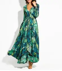 Long Sleeve Dress Green Tropical Beach Vintage Maxi Dresses Boho Casual V Neck Belt Lace Up Tunic Draped Plus Size Dress