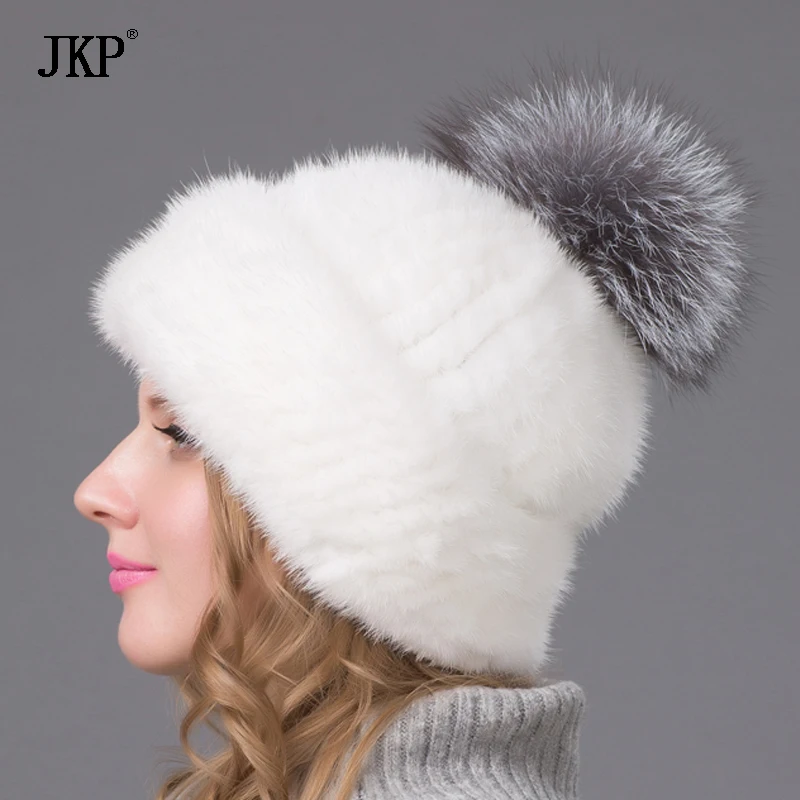 Real Natural Mink Fur Knitted Hats With Fox Fur Ball High Quality Earflap Hat Women Winter Warm Solid Caps BZ-10