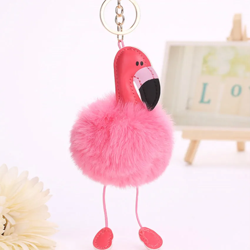 Original Pink Fluffy Pompom Flamingo Keychain Women Faux Rabbit Fur Ball Pompon Key Chain Car Bag  Pom Pom Key Rey Ring Holder