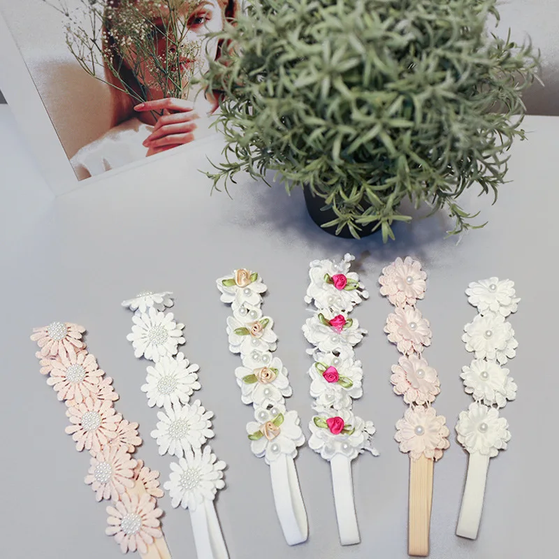 

Boutique 12pcs Fashion Cute Lace Floral Newborm Headbands Solid Pearl Flower Soft Hairbands Princess Headwear Hair Accessories