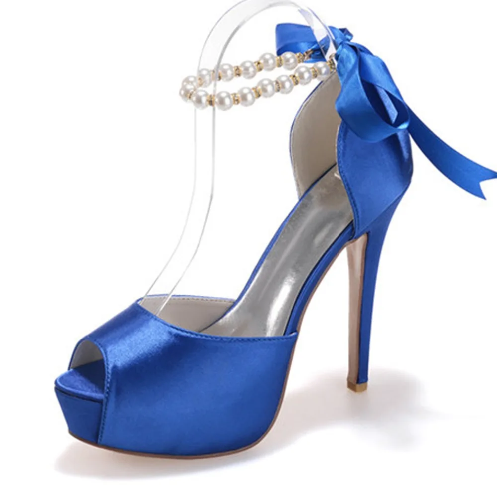 

High Heels Platform Satin Wedding Shoes Peep Toe Heeled Platform Ankle Pearls Prom Evening Party Ladies Dress Pumps