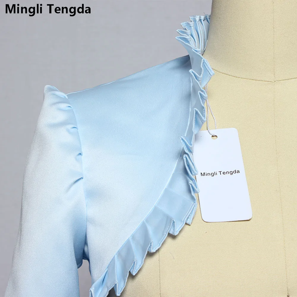 Mingli Tengda Sky Blue Stain Hochzeit Bolero Wraps Braut Jacke Cape 3/4 Ärmeln Wellig Rüschen Braut Bolero Frauen Schal Brust