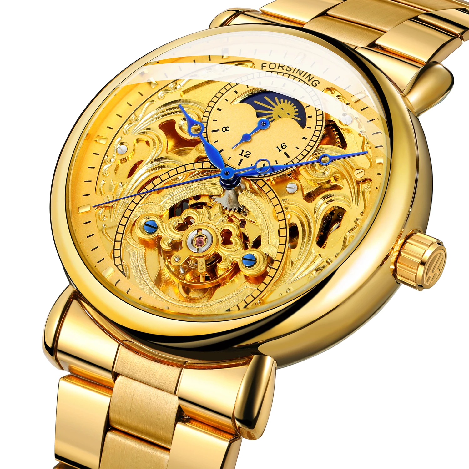 Forsining Brand Luxury Skeleton Automatic Mechanical Watch Men Full Golden Steel & Leather Man Business Sun Moon Display Clock