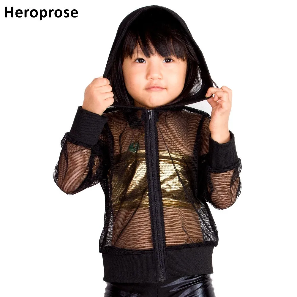 New Spring Summer Kids Mesh Jacket Black Outwear Rib Stage Performance Wear Feminina Casaco Casual Loose Hip Hop Dance Coat