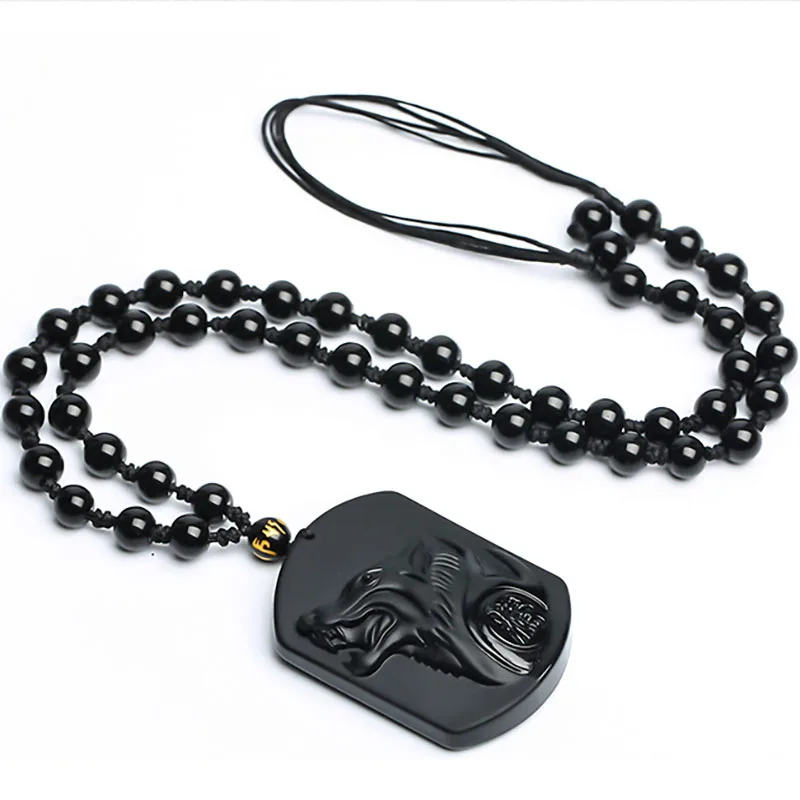 

Black Obsidian Carving Wolf Head Amulet Pendant Free Necklace Natural Stone Trendy Lucky Pendant Fashion Jewelry For Men Women