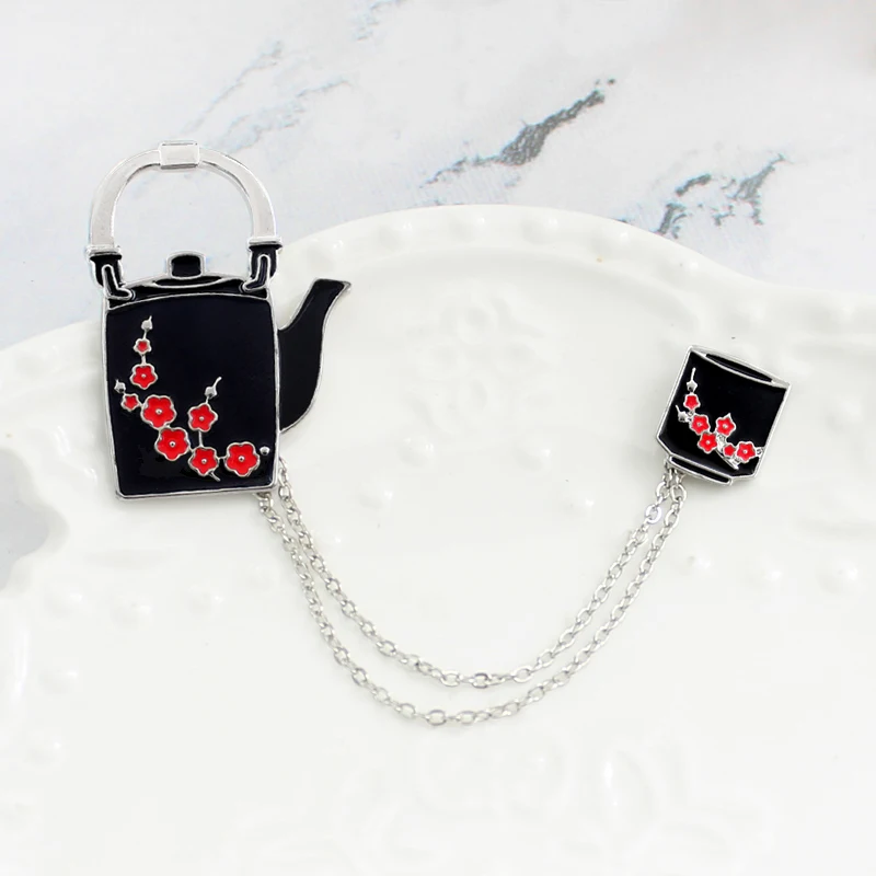 Hot Vintage Red Plum Teapot Teacup Chinese Style with Chain Metal enamel Pins Lapel Clothes Pants Jewelry