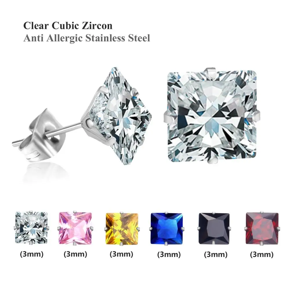 LUXUSTEEL Size 3mm/5mm/7mm Colorful Square Crystal Stud Earrings Stainless Steel 6Pairs/Boxes Earring Sets Bijoux Female