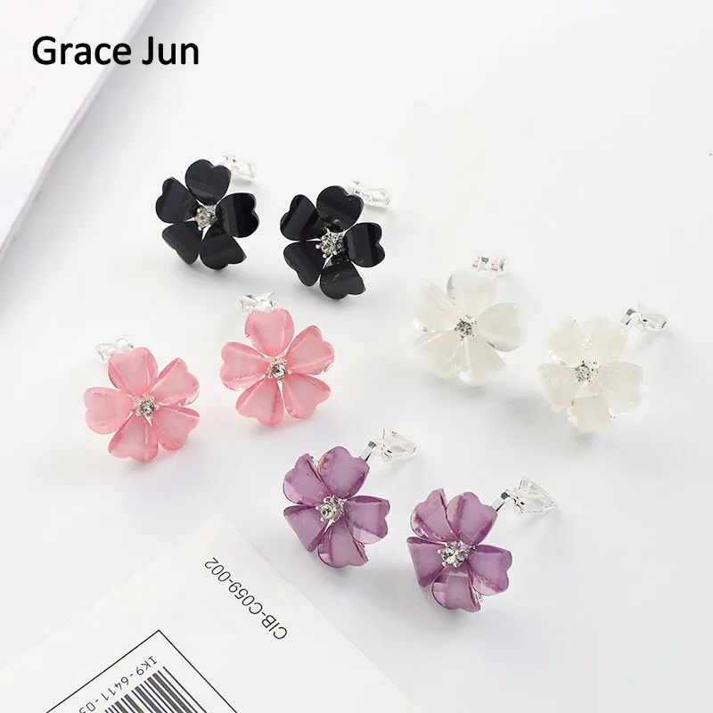 Grace Jun  Korea Style Flower Shape Opal Clip on Earrings Without Piercing for Girls Party Wedding Charm Earrings Anti-allergy