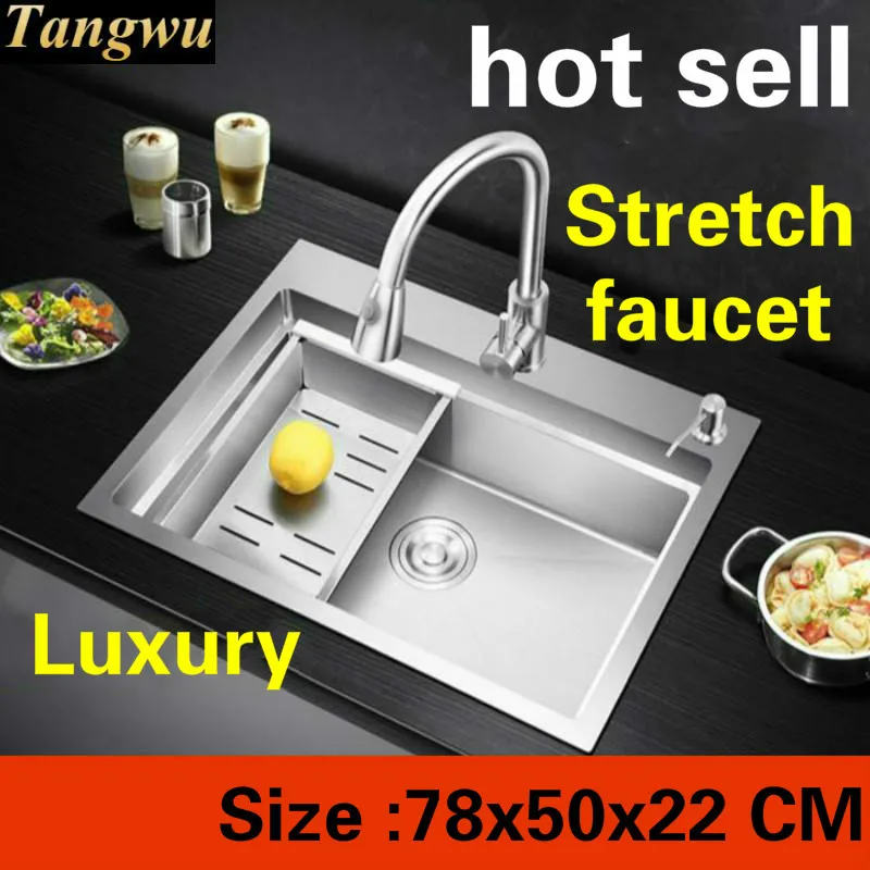 

Free shipping Apartment kitchen manual sink single trough 304 stainless steel sliding board stretch faucet hot sell 78x50x22 MM