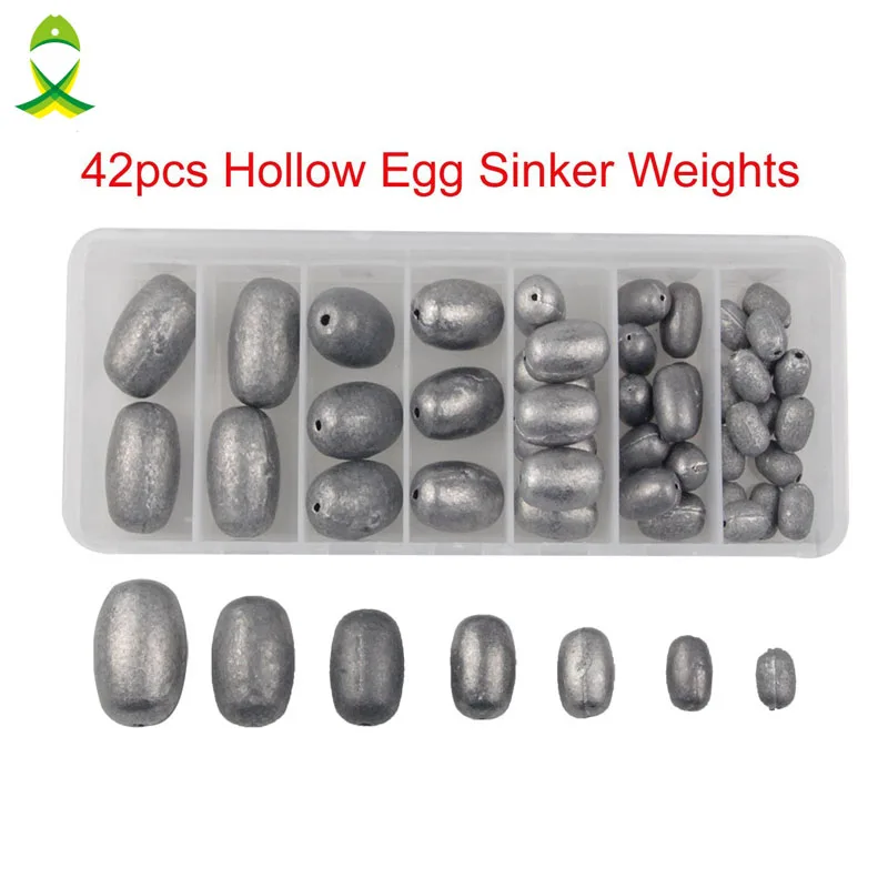 JSM 42Pcs/box Mixed Size Fishing Sinker Weights Olive Egg for Fishing lead Sinkers Hollow Casting Weight Sinkers Kit