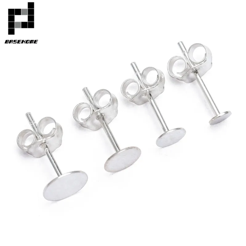 

BASEHOME 4pcs 925 Sterling Silver Earrings Settings Blank Round Base Cabochon Stud Ear Flat Base Posts Pure Plug Silver Earrings