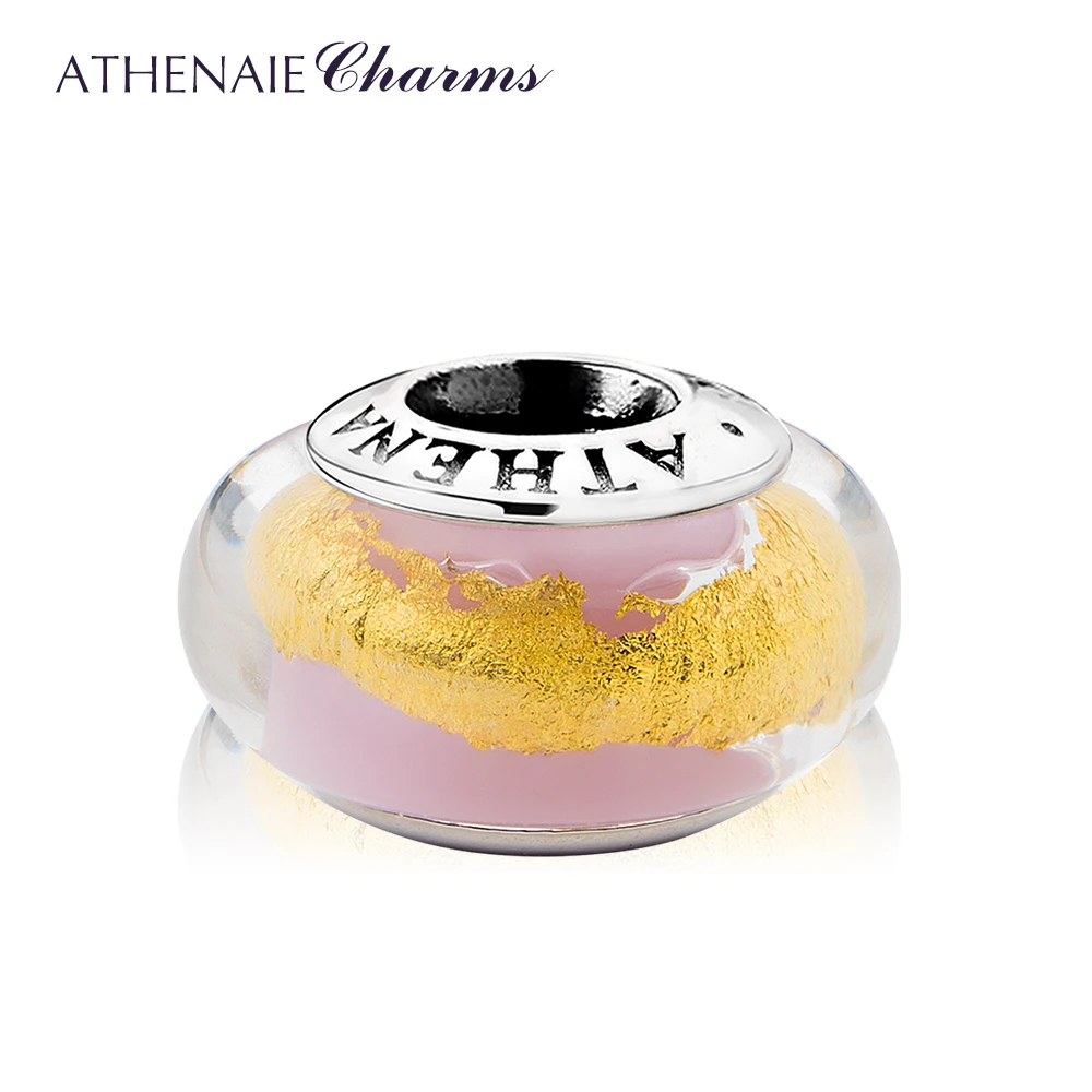 ATHENAIE 100% argento Sterling 925 Macaron lamina d\'oro rosa vetro di Murano perline misura Charms braccialetto gioielli fai da te regalo per la