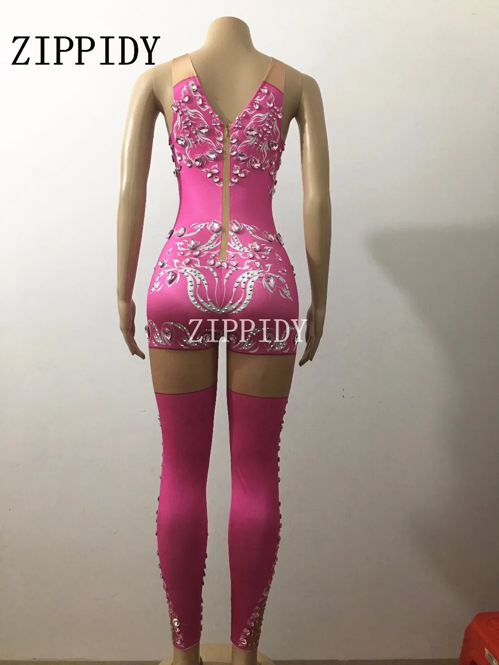 แฟชั่นเซ็กซี่ Sparkly Rhinestones สีชมพู Jumpsuit วันเกิดฉลองเครื่องแต่งกายนักร้องหญิง Bodysuit เต้นรำสวมใส่