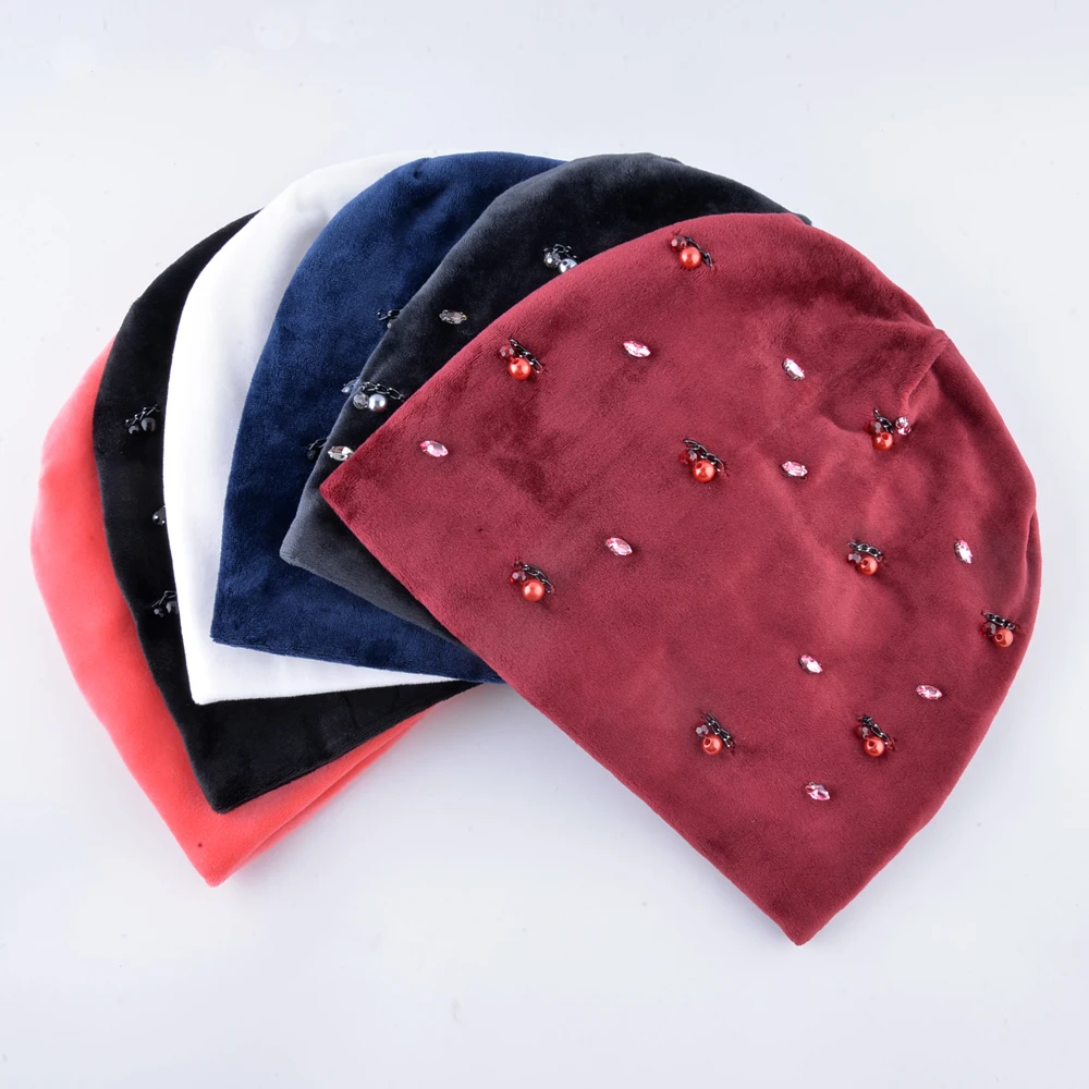 Autumn Winter Hats For Women Cute Rhinestone Pearls Chain Beanies Girls Warm Soft Double Layer Vevet Caps Ladies Skullies Bonnet