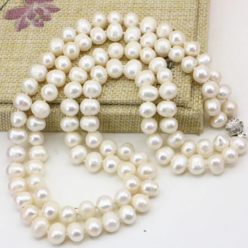 Natural white freshwater cultured 8-9mm pearl beads necklace for women 2 rows chain hot sale gifts choker jewelry 18inch B3229