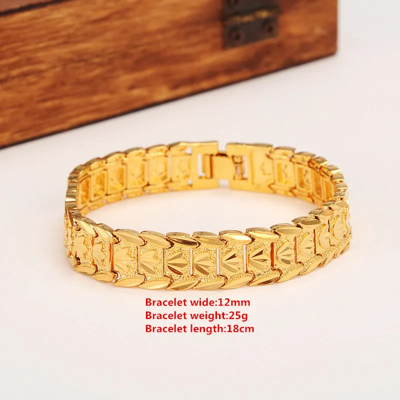 New eternal classics Wide Bracelet 24k Real Solid Yellow Gold GF Dubai Bangle Women Men's Trendy Hand Watchband Chain Jewelry