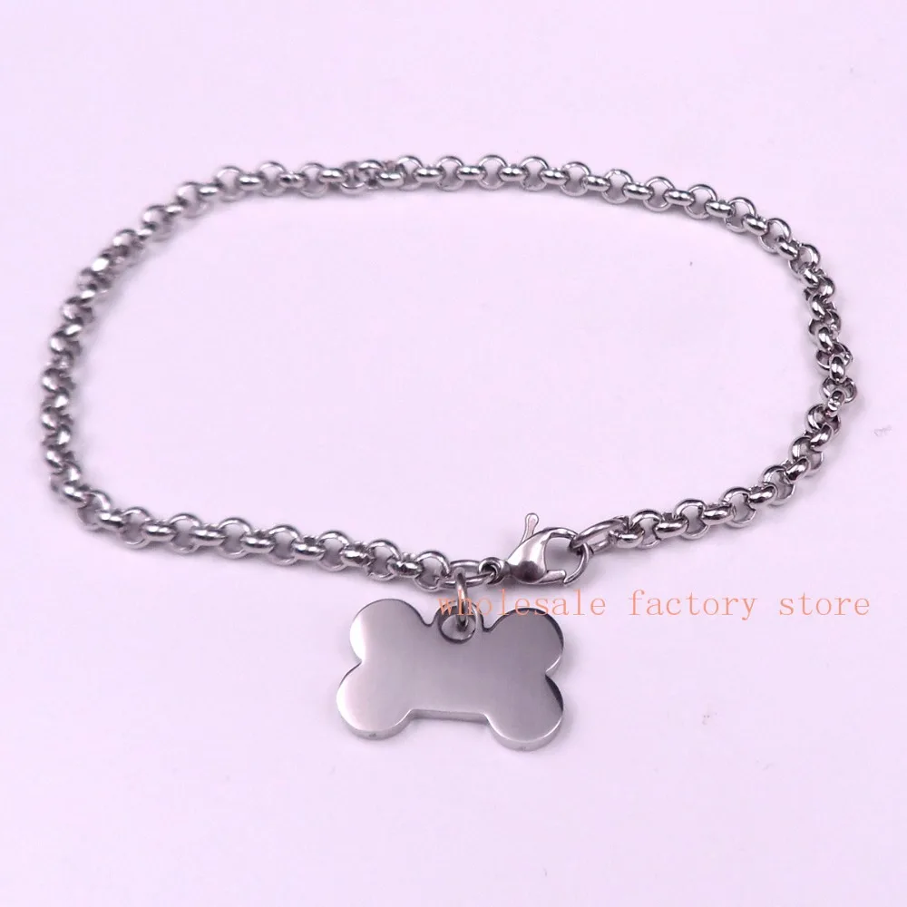 For women Men\'s  Stainless steel Necklace  Dog Bone Tag Pendant Smooth Rolo chain 4mm 22\'\'