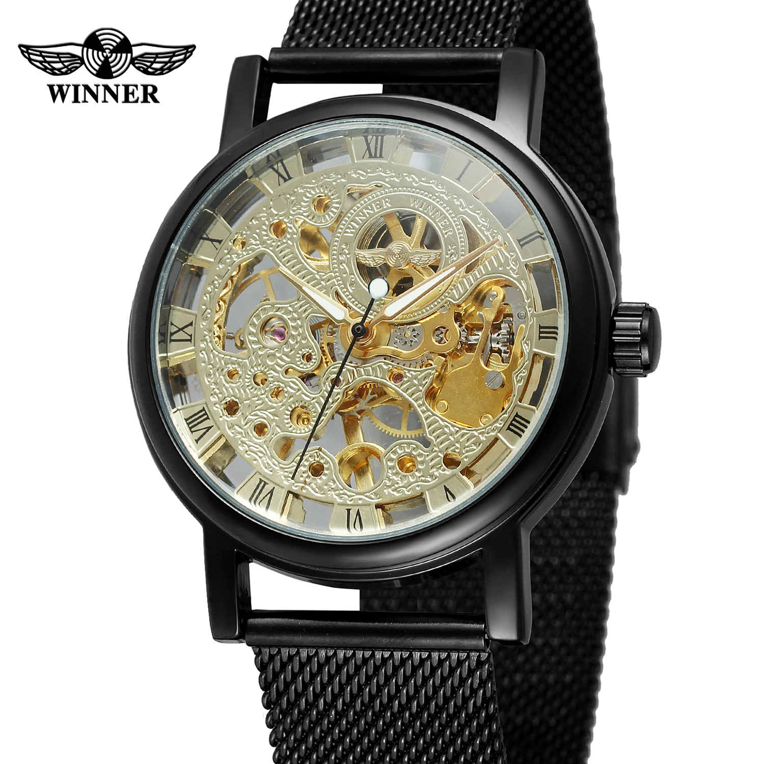 

Winner Top Brand Luxury Mesh Stainless Steel Band Transparent Classic Thin Case Transparent Skeleton Mens Mechanical Wrist Watch