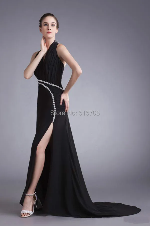 Vestidos de Noche largos formales de gasa negra, elegantes, con cuello en V profundo, largos de cristal para baile de graduación, 2015, con abertura lateral