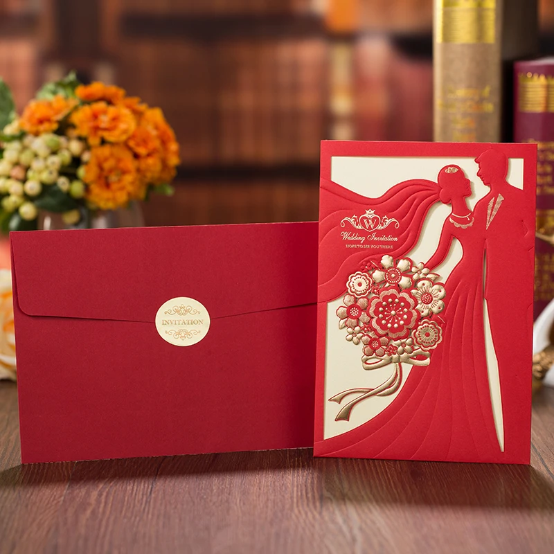 1pcs Red Gold Laser Cut Wedding Invitations Card Bride and Groom Elegant Greeting Card With Envelopes Wedding Party Decorations