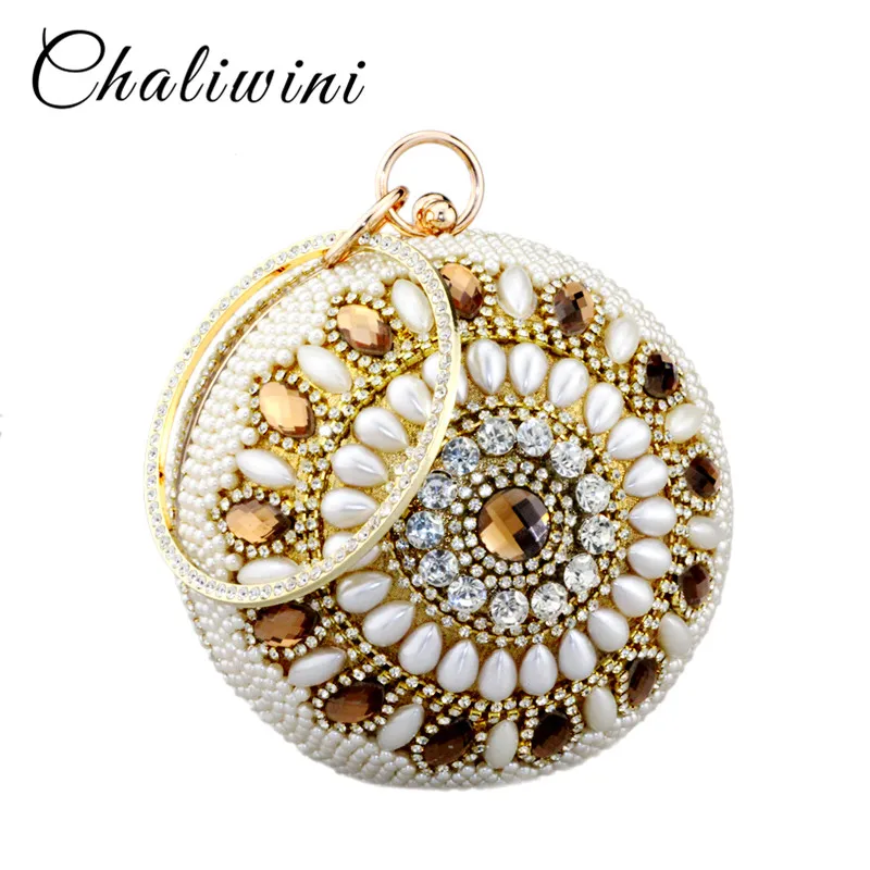 Chaliwini New fashion gold shape bowling shoulder bags siliver diamond  pearl beaded ball wristlets women pouch evening bag