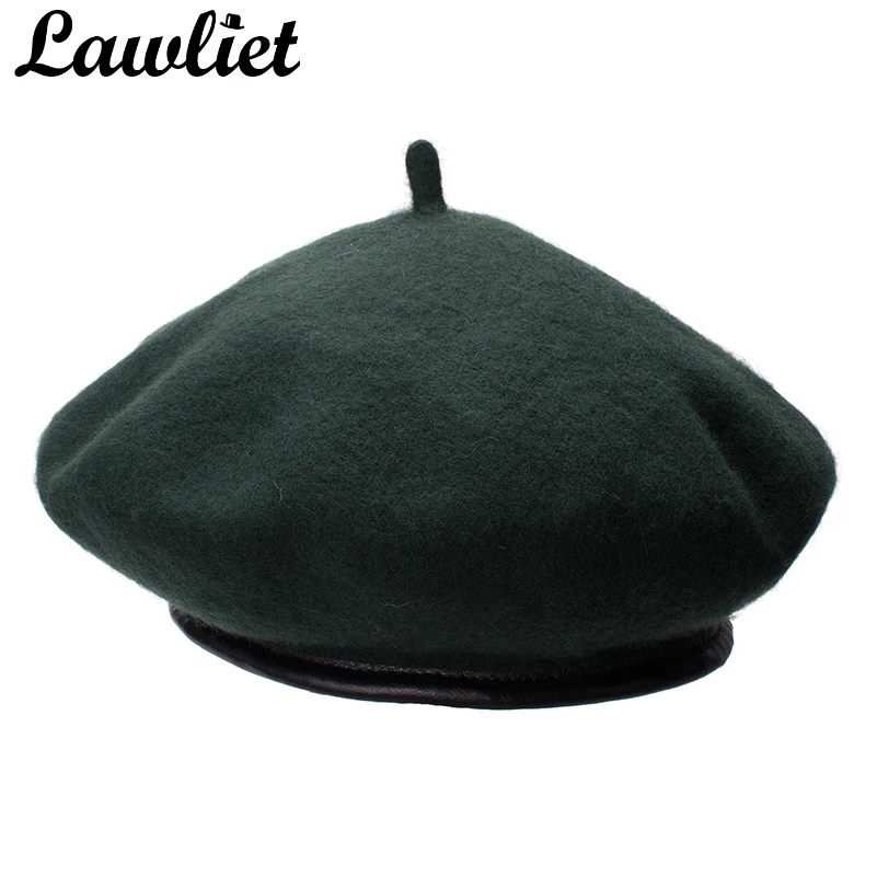 Lawliet Winter Women's Beret Black Leather Sweatband Wool French Beanies Cap Unisex Adjustable Casual Warm  T278