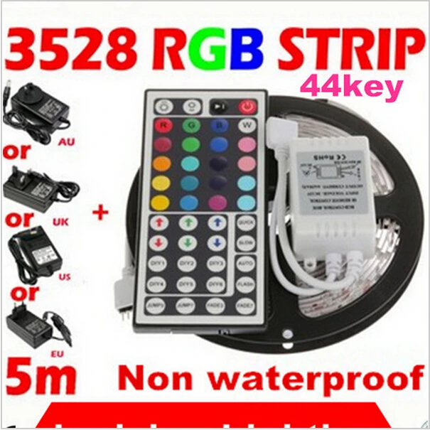 

Christmas Decoration 5M 300 LED Epistar SMD 3528 RGB LED Strip Lighting With 44 Key IR Remote Controller+Power Supply