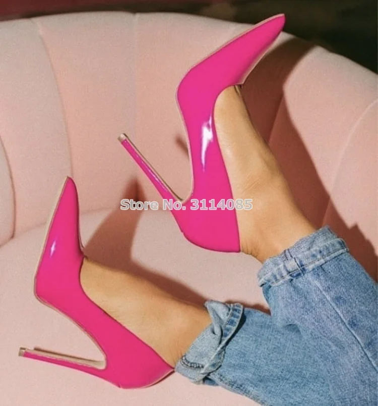 

Women Big Sale Patent Leather Pointed Toe Pumps 12cm Heel Wedding Shoes Shallow Cut Nude Red Pink Banquet Dress Shoes Plus Size