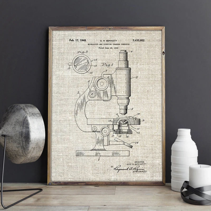 Microscope Patent Microscope Wall Art Print Chemistry Posters Science Room Wall Decor Vintage Blueprint Canvas Painting Pictures