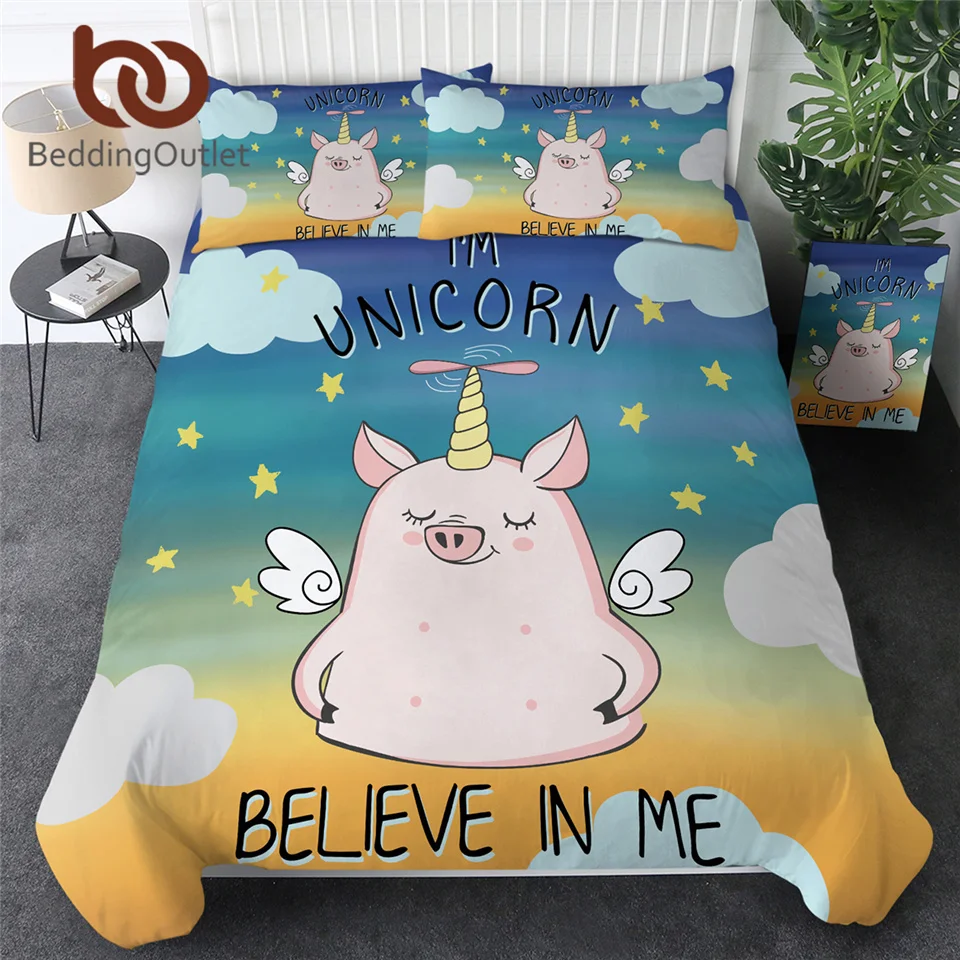 

BeddingOutlet Pig Angel Bedding Set Flying Unicorn Bed Cover Cartoon Home Textiles Kids Horned Piglet Bedspread Rainbow Bed Set