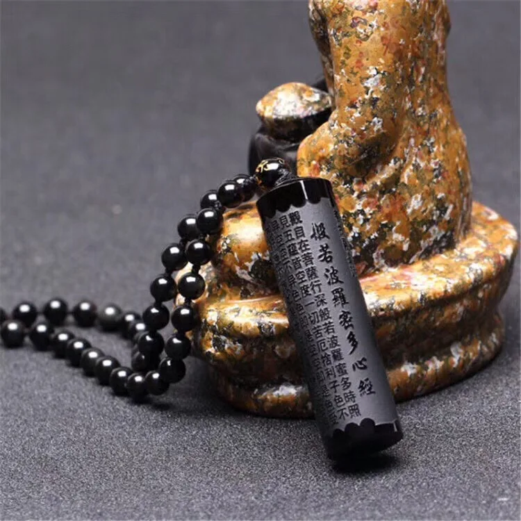 Natural Obsidian Pendant Prajna paramita Sutra Buddha Necklace Pendant With Lucky Beads Chain Fashion Jewelry For Men women